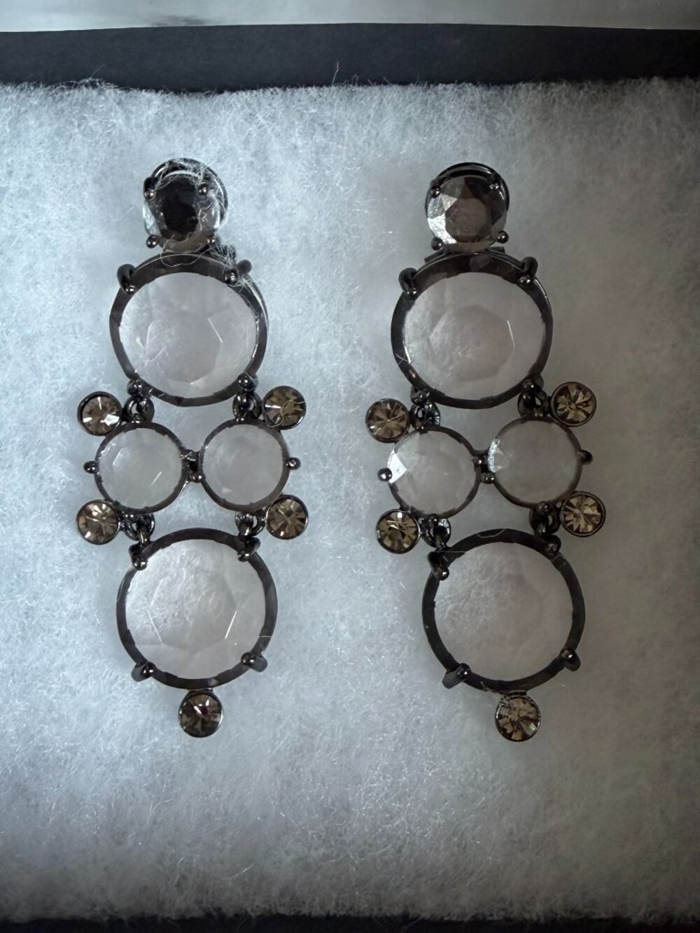 New in box J. Crew clear crystal earrings, set in black